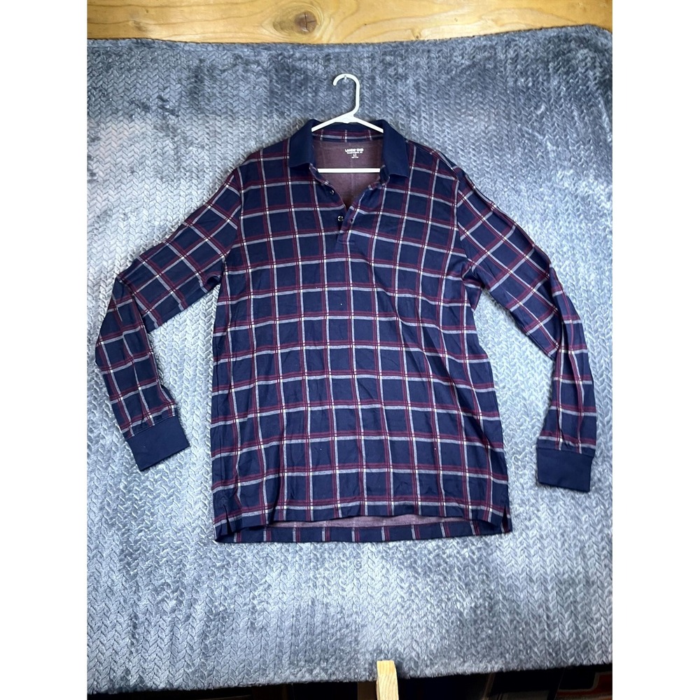 Lands' End Traditional Fit Polo Shirt Men Large Navy Blue Plaid Performance Golf